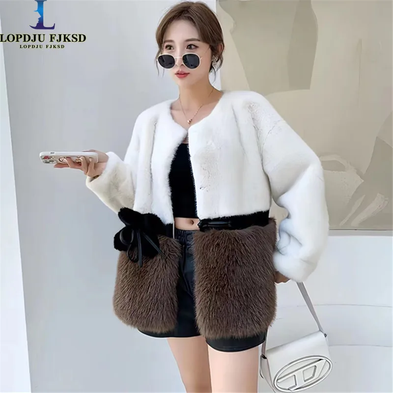 

Faux Fox Fur Coat for Women, American Long Jacket,Thick Warm Clothes,Spliced, Turn-down Collar, Autumn and Winter, 2023