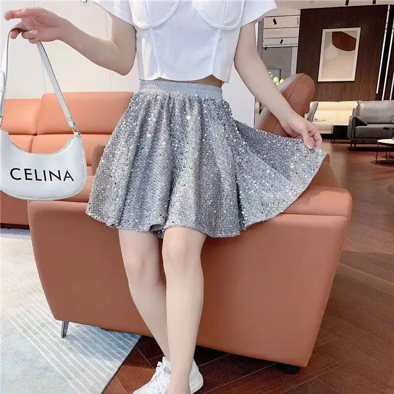 Minissaia feminina elástica de lantejoulas, cintura alta, vestido de baile casual, roupa feminina, monocromática, moda coreana, verão