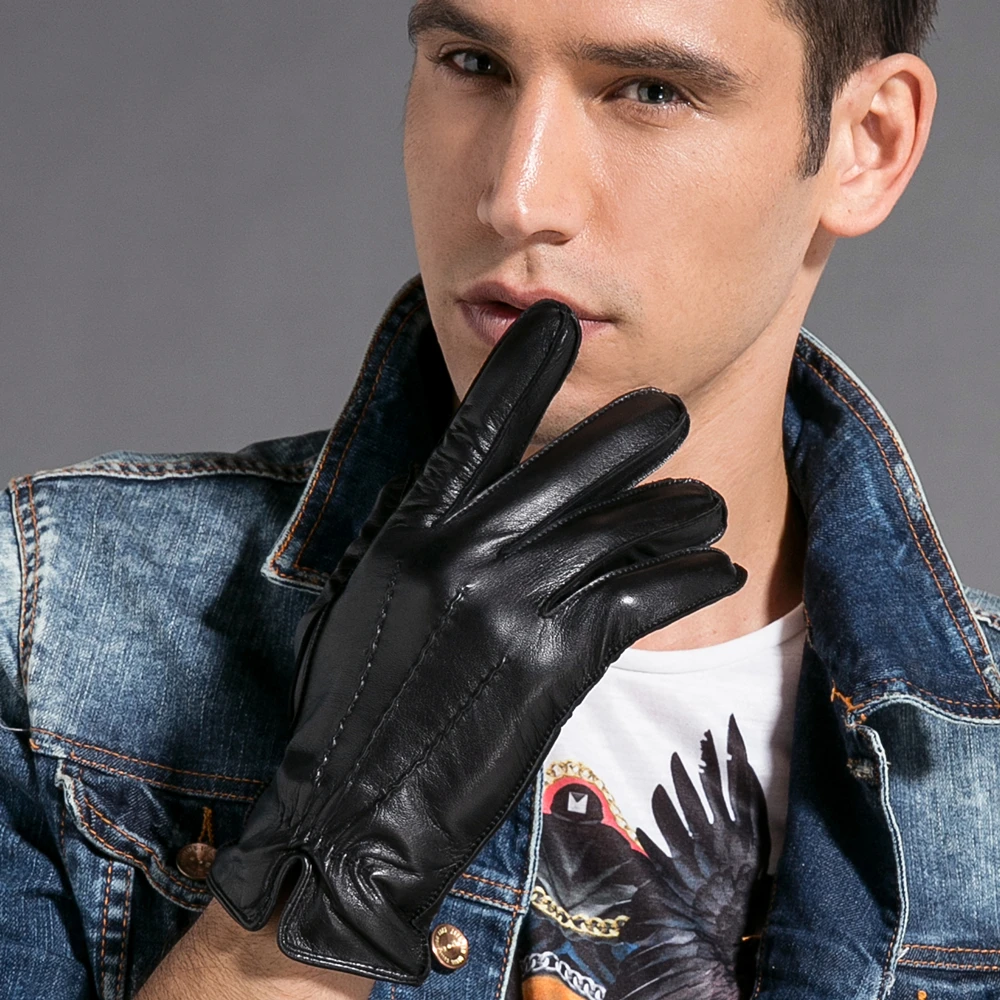 Gours-guantes de piel de cabra auténtica para hombre, manoplas clásicas, cálidas, de marca de moda, color negro, de alta calidad, para invierno,