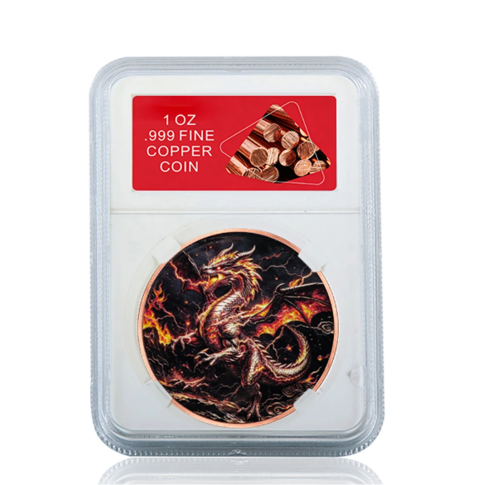 1 Oz .999 Fine Copper Fire Breathing Dragon Challenge Coin in Display Slab Fantasy Fire Dragon Pure Copper Coin for Collectors