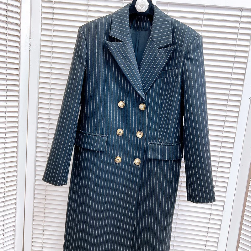 [ZOCI] Autumn Blazer Double Row Buckle Waist Versatile High Striped Suit Long Coat