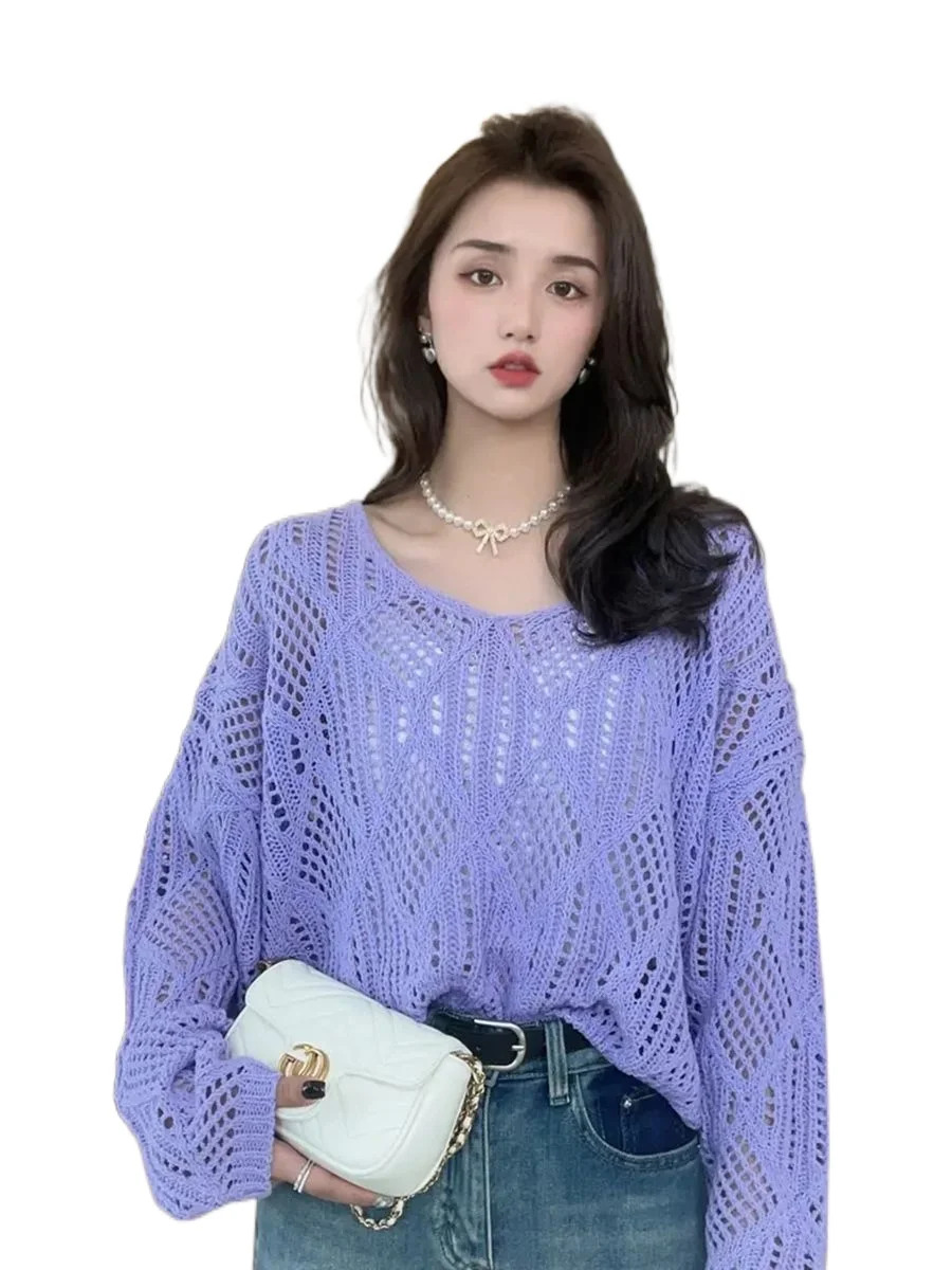 2023 New Spring Summer Hollow Out Knitwear Women Sweater Thin Top Versatile Underlay Pullover Oversize Women Long Sleeve Top