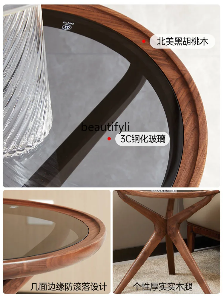 North America Black Walnut Solid Wood Side Table Light Luxury Solid Wood Glass of Corner Table Small round Side Table