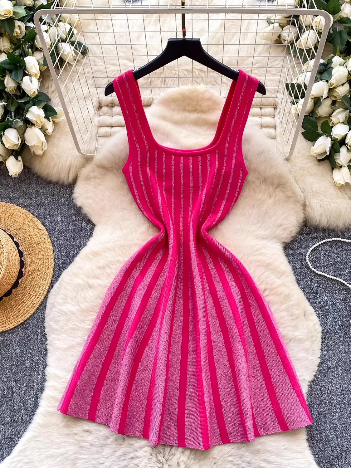 

Elegant Summer Knitted Women's Umbrella Dresses New Vintage Striped High Waist A-line Skater Sexy Mini Dress Women