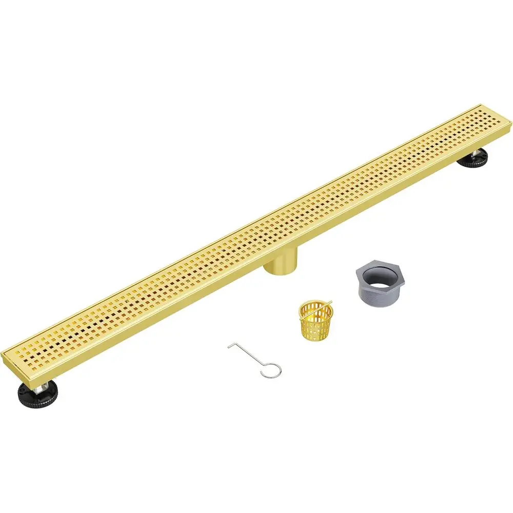 ท่อระบายน้ำฝักบัวแบบเส้นตรงสีทองเหลืองขัดเงา 36 ชิ้น พร้อมตะแกรงแบบถอดได้และตัวกรองเส้นผม