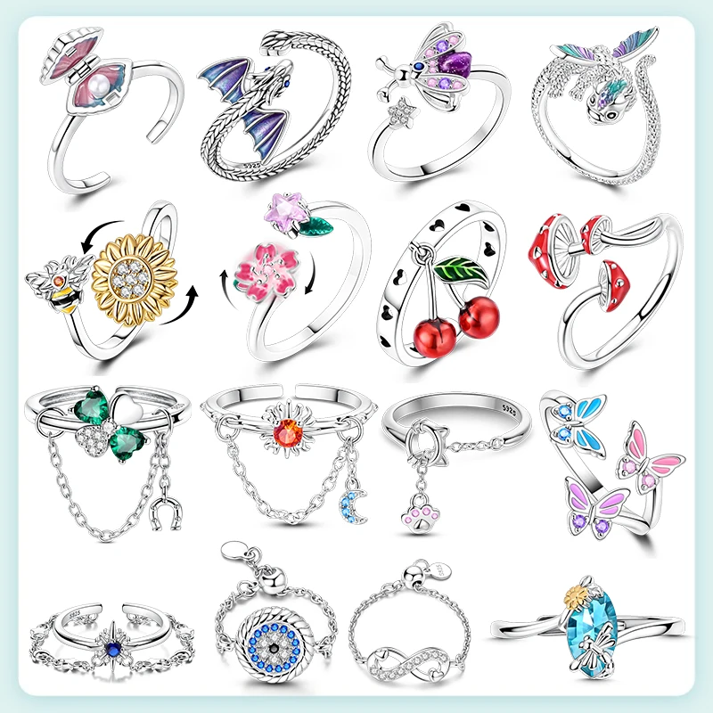 Anillo de tamaño libre para mujer S925 plata Original ojos azules dragón abeja concha cereza anillos ajustables cadena de trébol anillo abierto joyería
