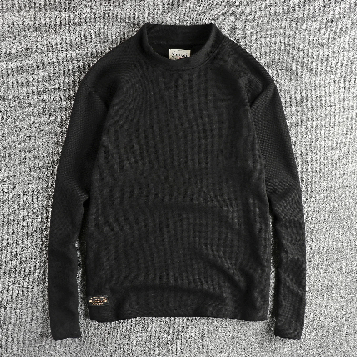 Autumn and Winter New American Retro Long Sleeve O-neck 320g Waffle Knitted T-shirt Men\'s Simple Washed Casual Bottoming Tops
