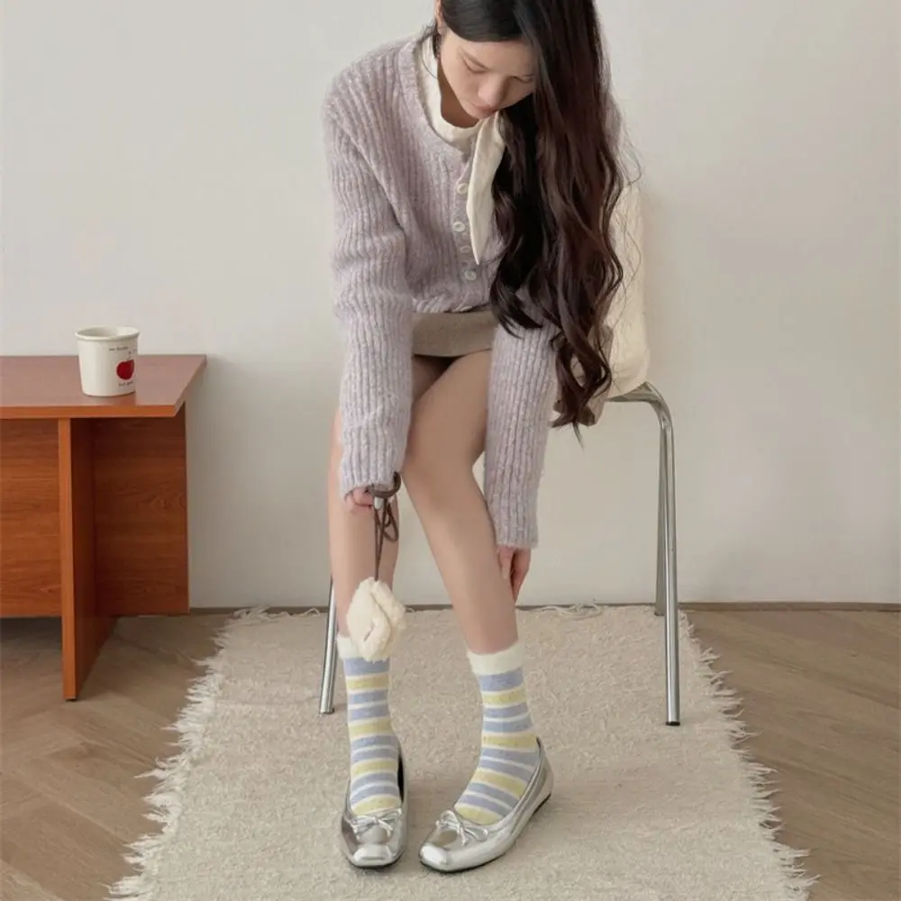 3Pairs Cute Sweet Women Tube Socks Spot Patchwork Striped Mid-calf Socks Hosiery Furry Women's Stockings Autumn