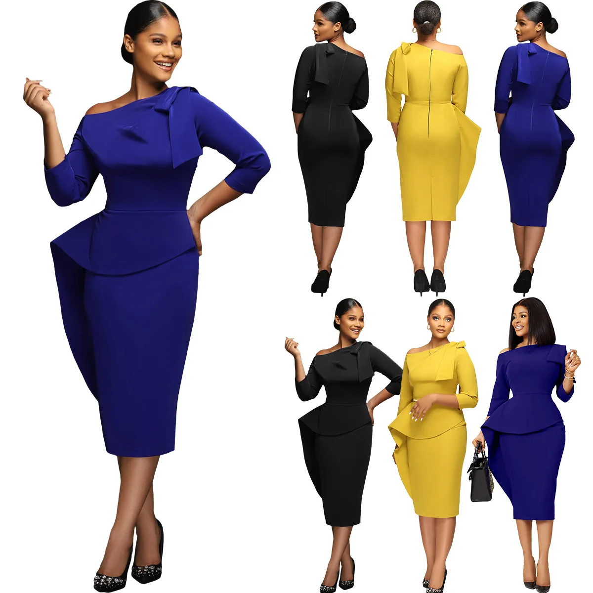 

Autumn Fashion Off Shoulder Slim Office Dress Women Office Ladies Solid Diagonal Collar Ruffle Slim Elegant Dress Women