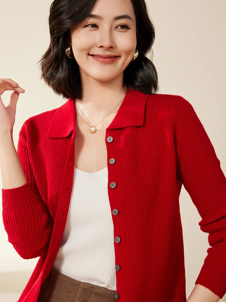 Damski kardigan z kołnierzykiem, zapinany na guziki, ze 100% wełny merino, jesienno-zimowy, elegancki sweter z kaszmirem, dzianina, dopasowany wełniany top.