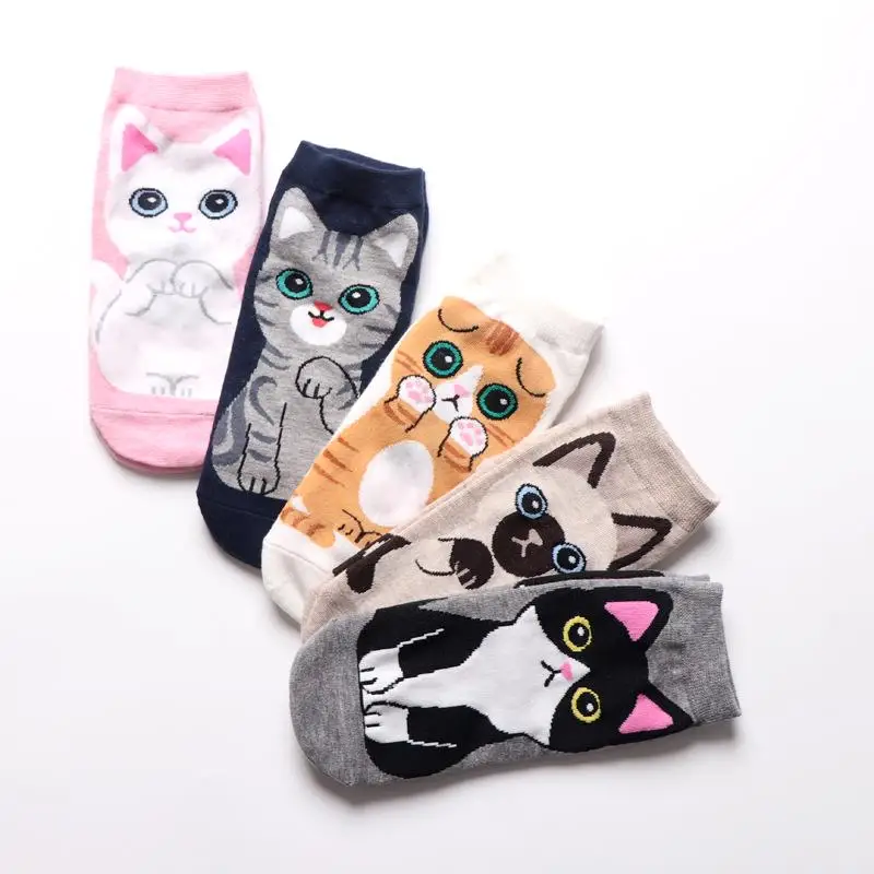 1-5 Pasang Kaus Kaki Pendek Katun Kartun 3D Kucing Anak Anjing Kaus Kaki Hewan Harajuku Kawaii Wanita Anak Perempuan Kaus Kaki Kaus Kaki Bernapas Kasual Sox