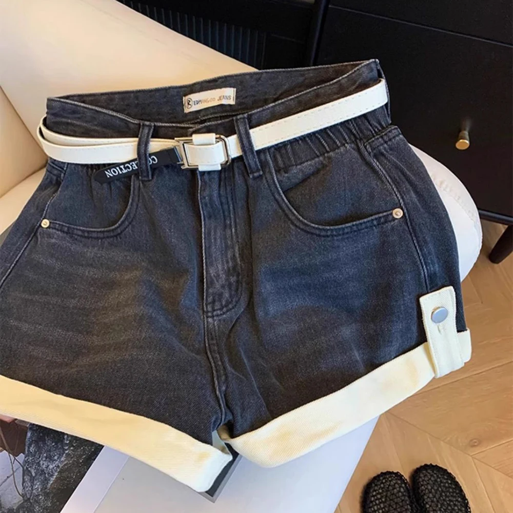 Black A-word crimped denim shorts women's summer 2025 Spice Girls hot pants loose and thin high-waisted pants