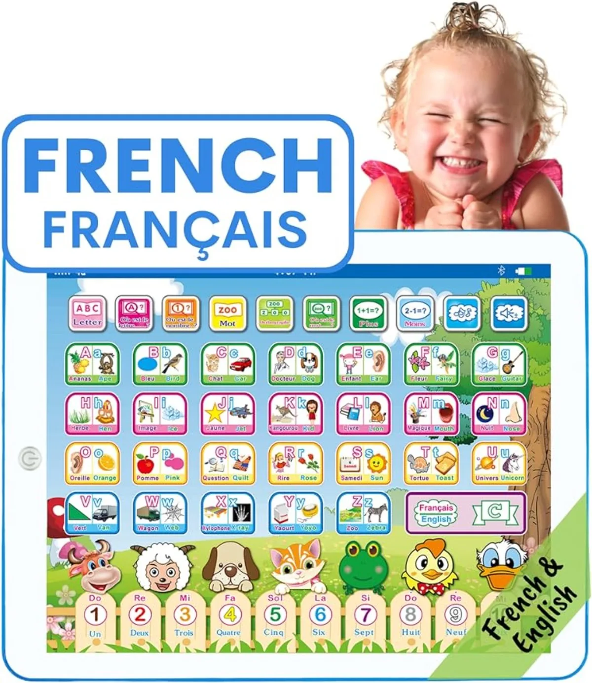 French English Bilingual Learning Tablet Toy Learn Alphabet ABC Numbers Words Spelling| Interactive Educational Toys for Kids