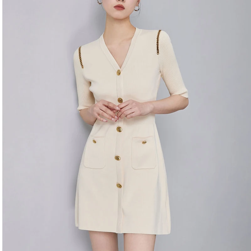 

Summer Solid Color Fashion Short Sleeve Dresses Women V-neck Button Chains Patchwork Casual Dresses Comfortable Knitting Robe