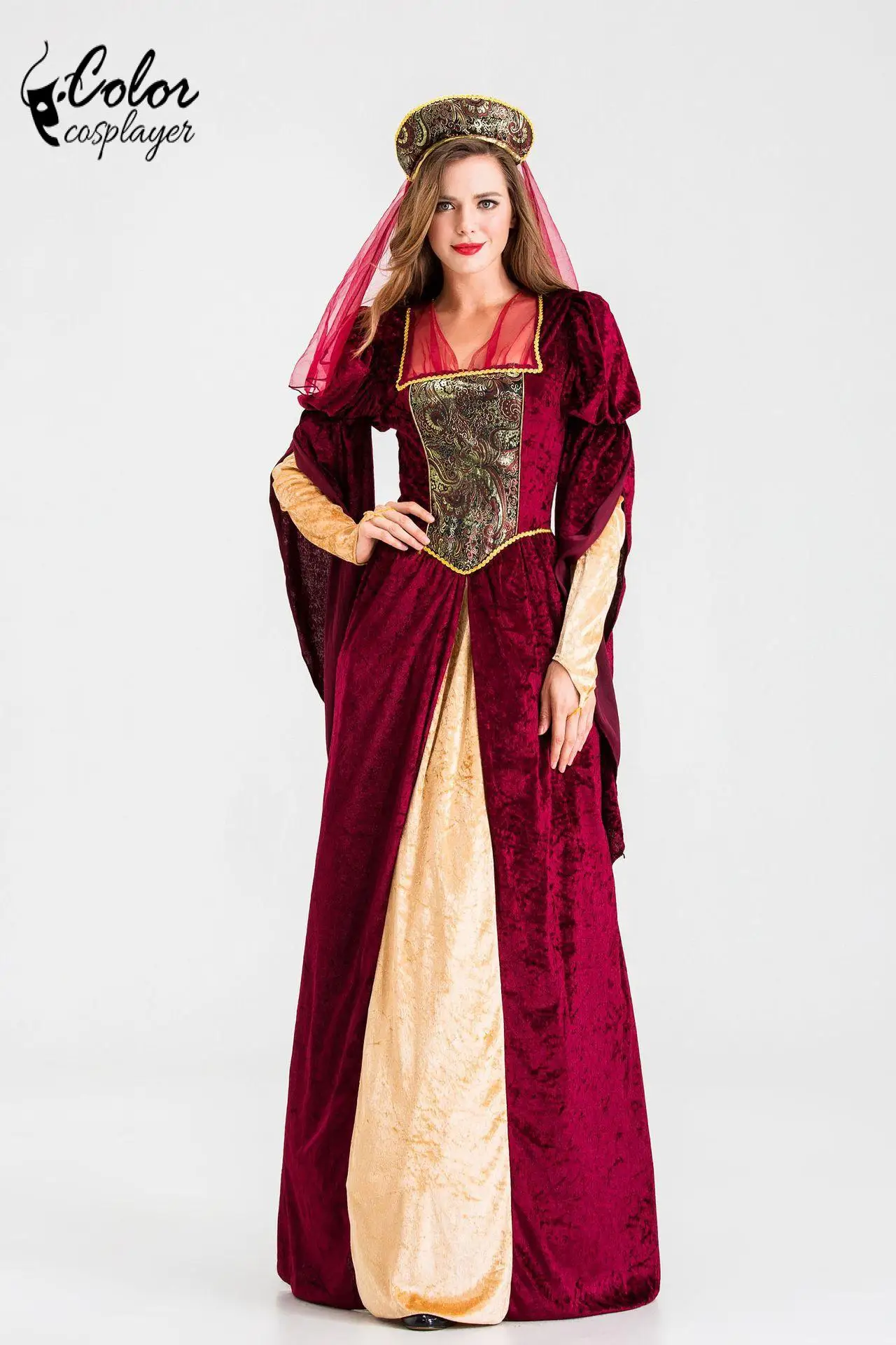كرنفال سيدة ثوب القرون الوسطى الملكة تأثيري حلي خمر المحكمة الملكية الحمراء فستان مهرجان حفلة رداء مرحلة الأداء الزي #3