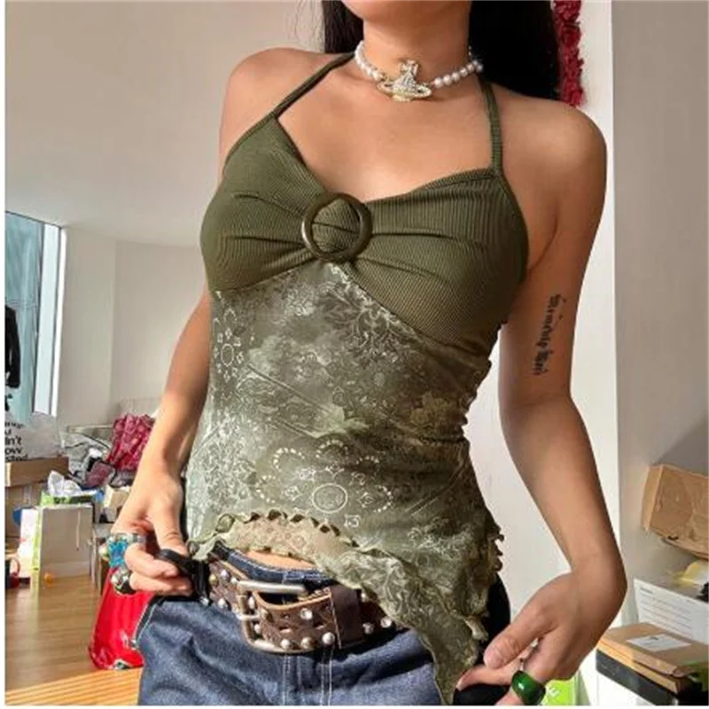 Sweetown - Retro Green Women's T-shirt, Y2K Bohemian Shirt, backless and vest, asymmetrical top, summer clothing