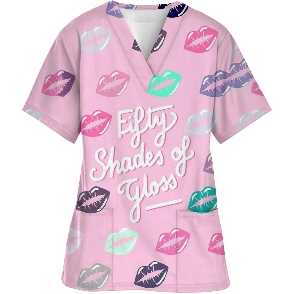 Wholesale Nursing Scrubs Sexy lip print Uniforms V-neck Short Sleeved Fashionable Nursing Uniform Tops Beauty Spa T-shirt New