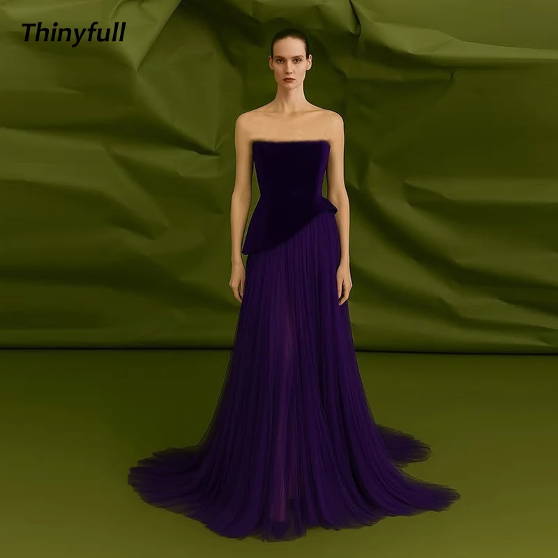 

Thinyfull A-line Tulle/Velvet Long Prom Dress Sleeveless Strapless Evening Dresses Dubai 2025 Gown Robe De Soirée Customized