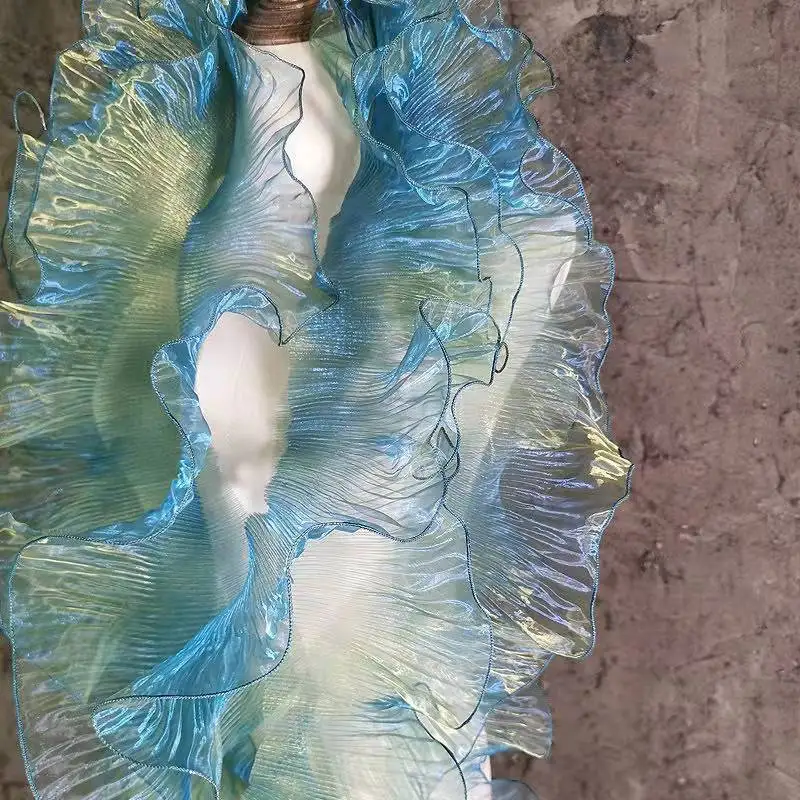 Deep sea blue pleated lotus leaf lace fabric phantom gradual change gauze skirt pendulum DIY clothing design accessories fabric