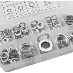 200pcs Oil Drain Plug Gasket White Aluminum Alloy Washer Crush Washers Assortment Kit, Including 9 Sizes - M5 M6 M8 M10 M12 M14