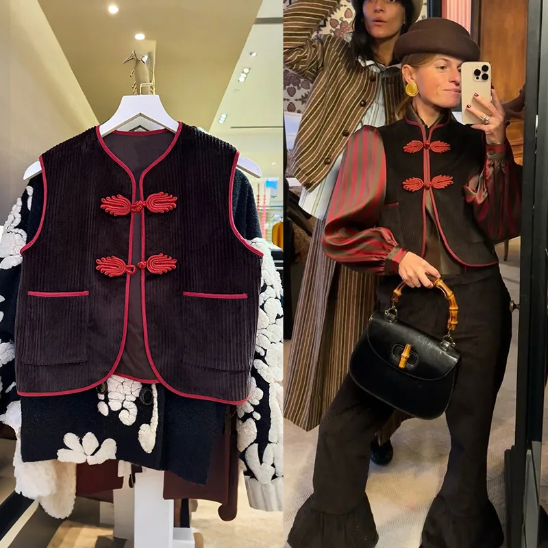 

【Gift Free】2026 Early Spring French Niche New Year Corduroy Vest, Chinese-Style Leaf Button Trimmed Round-Neck Short Waistcoat