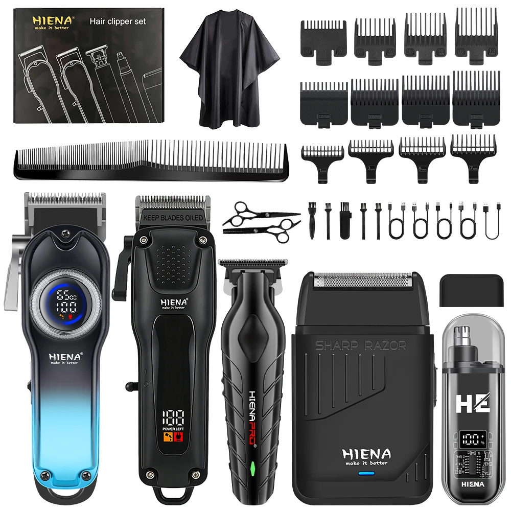HIENA Full Barber Kit Cordless Hair Clipper Trimmer Shaver Nose Trimmer Complete Hair Cutting Tools Set For Men Salon Home Use