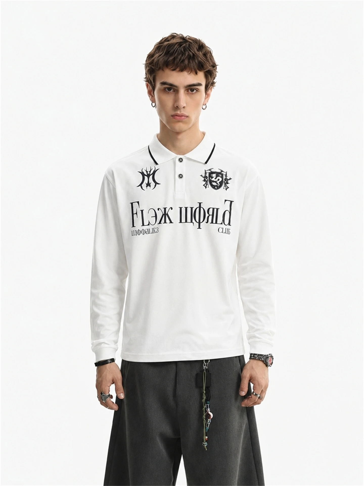 BETEBULE American Retro College Style Loose Long Sleeve T-Shirt Men's Letter Badge Print  Collar Top Trendy Streetwear