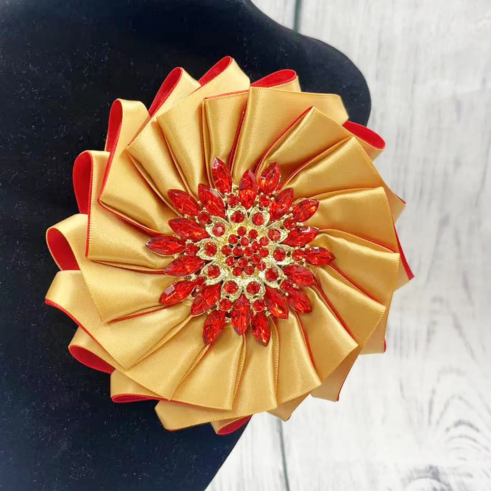 NPDSK Red Yellow Satin Ribbon Large Flower Brooch Greek Sorority Corsage