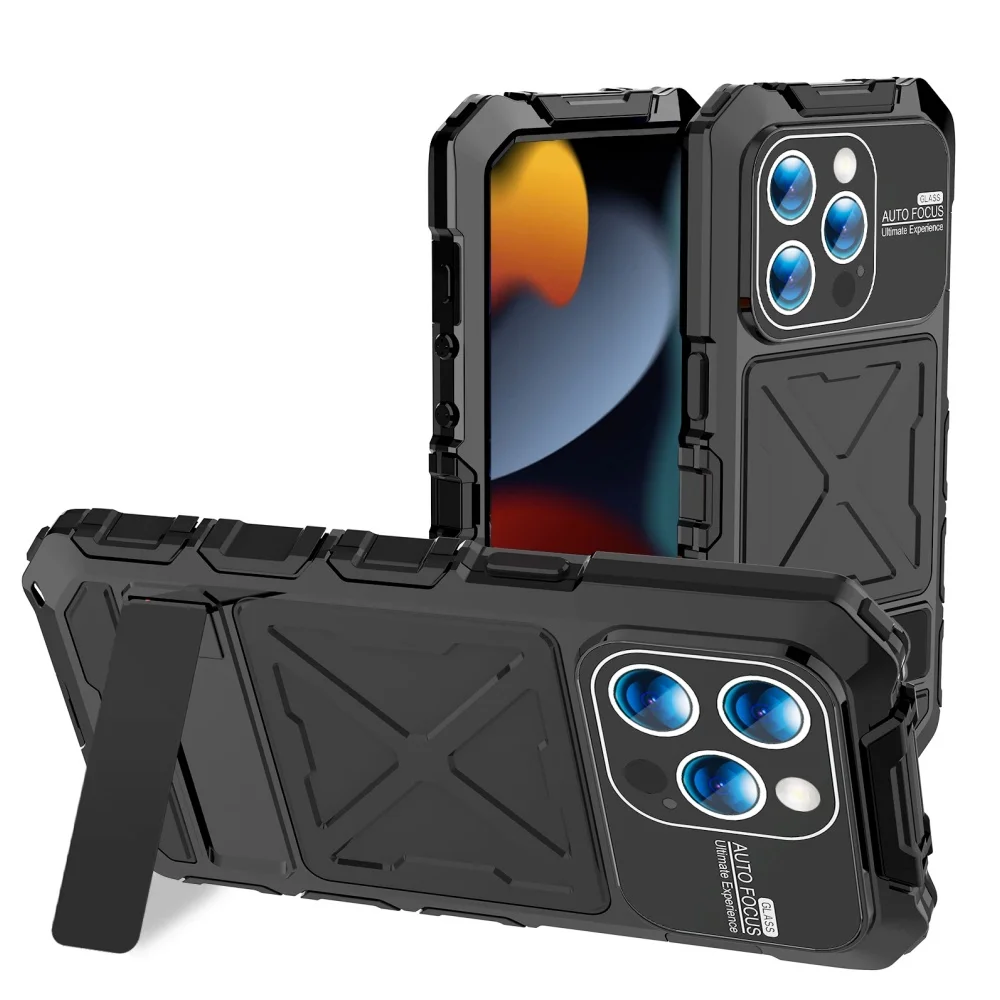 

Heavy Metal Kickstand Shockproof Case for iPhone 15 14 Pro Max 15Plus 14Plus Military Armor Cemara Lens Protector Rugged Cover