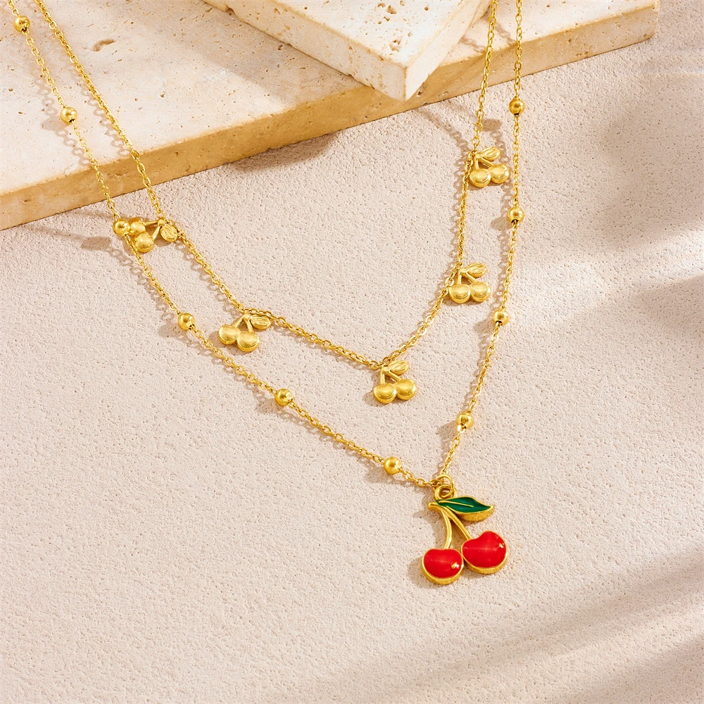 Edelstahl Rote Frucht Kirsche Doppelschicht Halskette Dame Neue Mode Trend Halskette Schmuck Glamouröses Geschenk