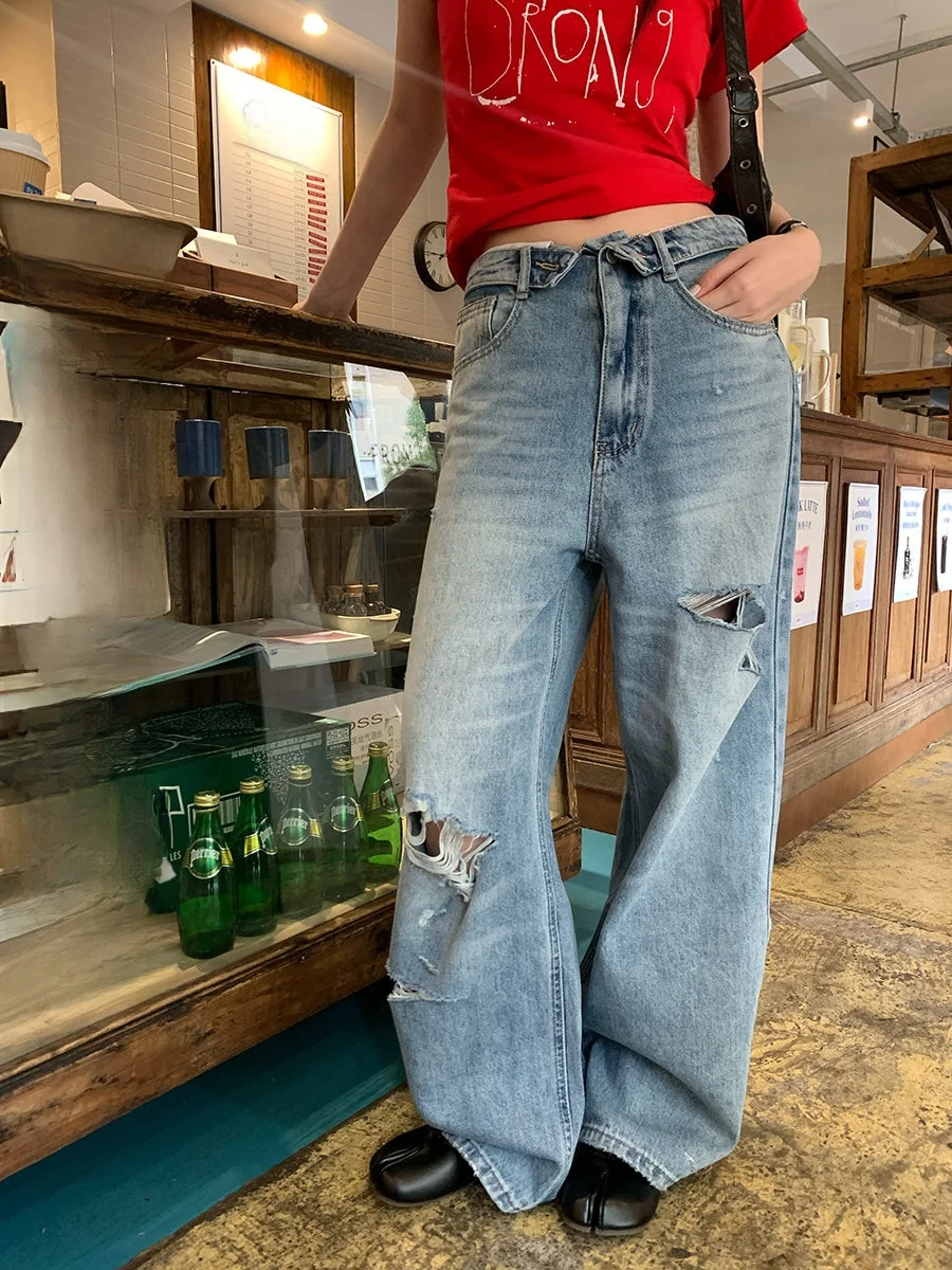 

Женские повседневные джинсы Sinbounboun в корейском стиле с высокой талией, рваные, широкие, в пол, для весеннего сезона