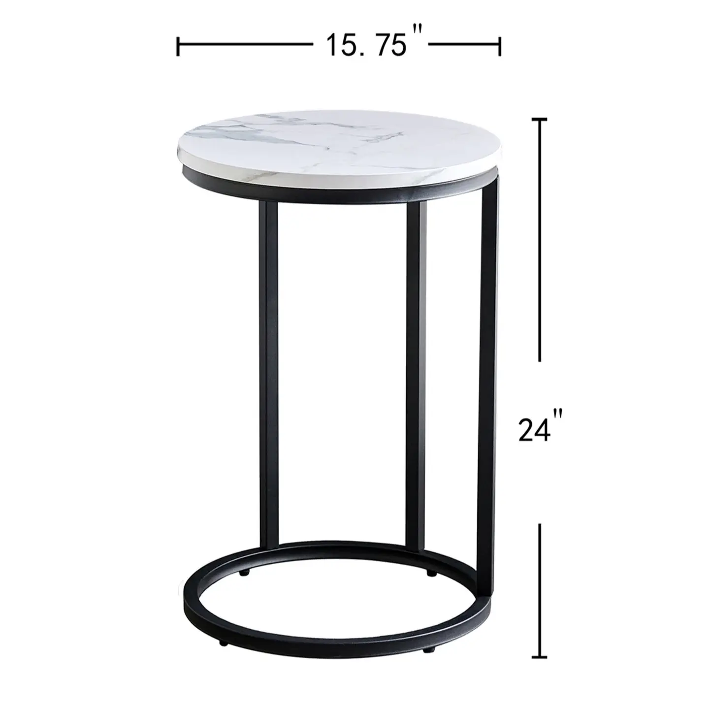 Modern C-Shaped End/Side Table Black Metal Frame with Round Marble Color Top-15.75 Inch