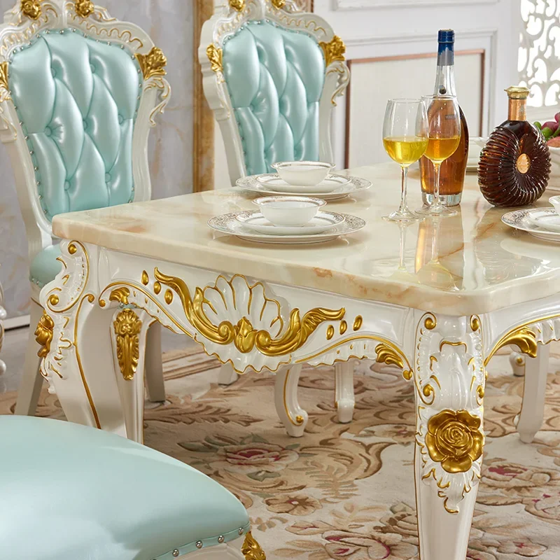 European-style  Solid Wood, Marble Surface, Gold-painted Square Dining Table, Villa Set