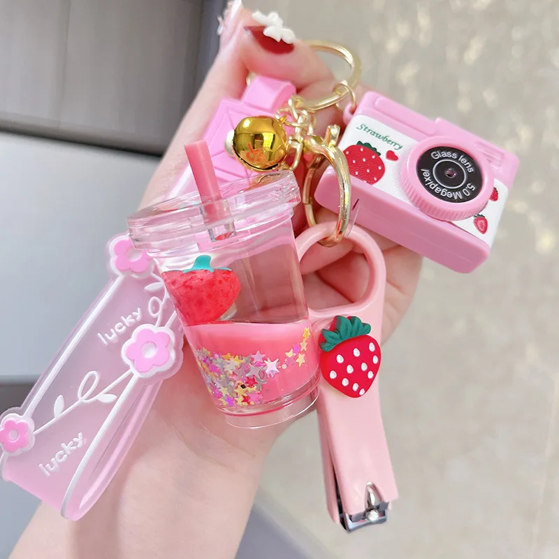 Creative Floating Strawberry Milk Tea Cup Camera Keychain Cute Stars Quicksand Liquid Candy Bottle Nail Clippers Key Chain Gift