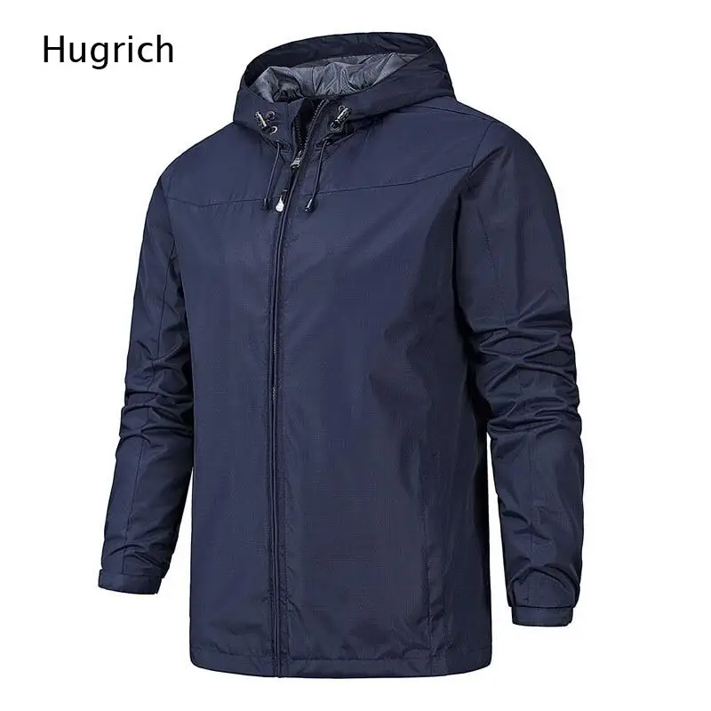 Navy Adjustable Drawstring Hood Waterproof Windbreaker Men Lightweight Hiking Camping Quick Dry Travel Sports Jacket