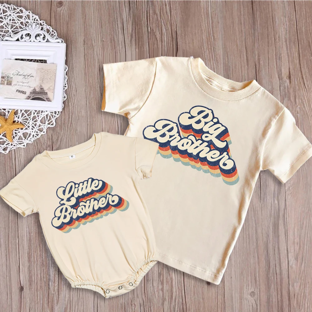 Big Bro Little Bro Printed Family Matching Outfit Shirt Retro Sibling Tee Tops Brother Sister T-shirt Baby Large Bubble Romper