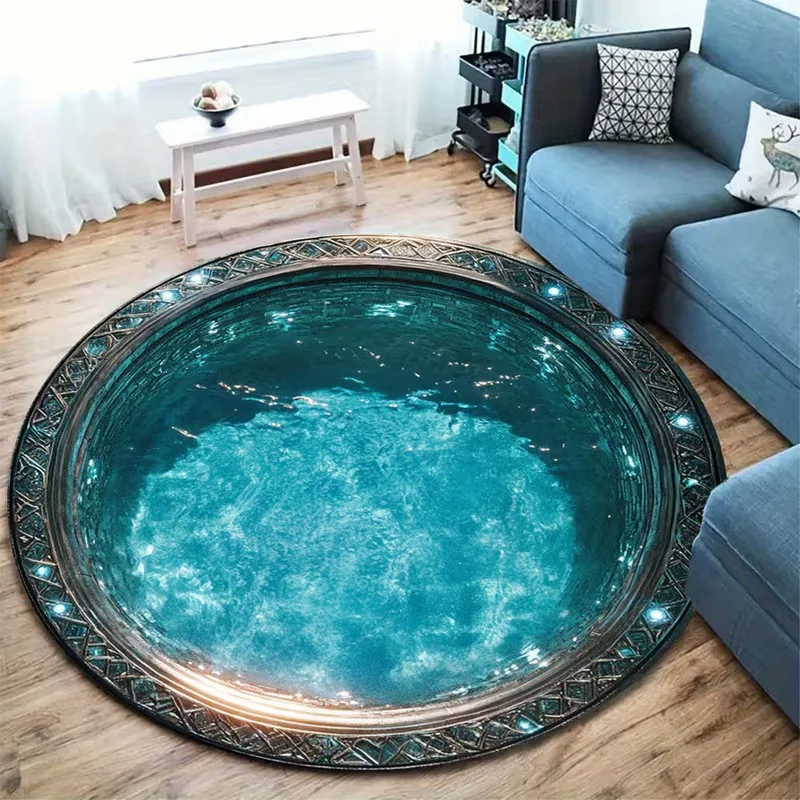 3D Illusion Water Rug, Round Blue Sparkling Pool Design Carpet Unique Home Decor Floor Mat for Living Room Bedroom