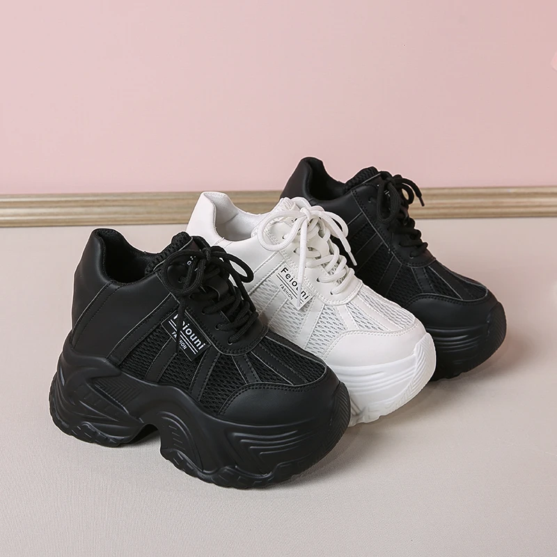 

7.5CM Women Platform Sneakers Lace-up Autumn Sports Dad Shoes High Top Chunky Casual Shoes Woman Thick Bottom Mesh White Shoes
