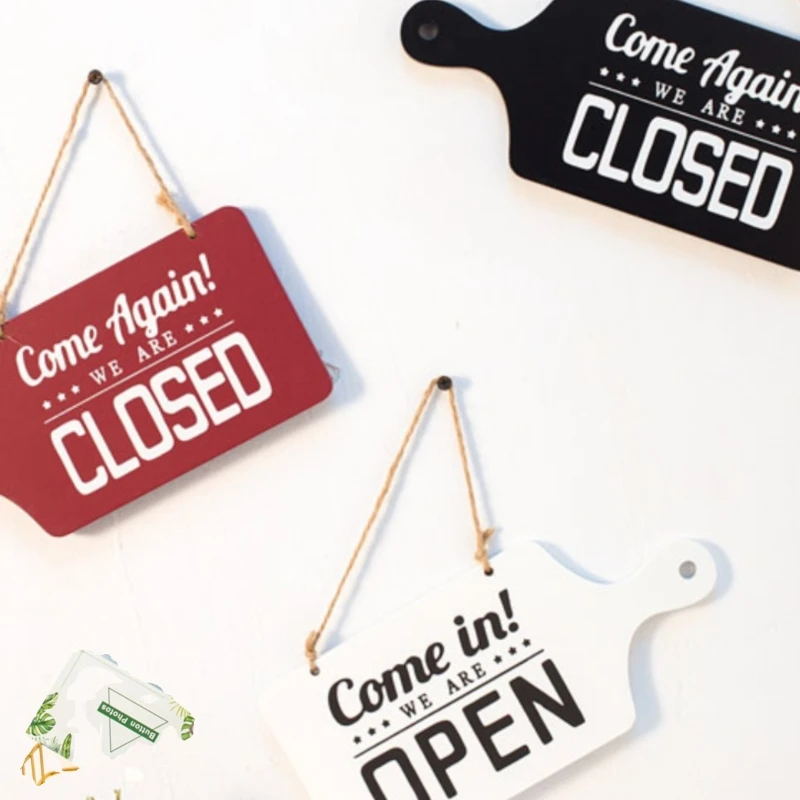 Hanging Sign Open Closed Sign Wooden Flip Reversible Double Sided Hanging Plaque Sign with Rope for Shop Pub Cafe Decoration