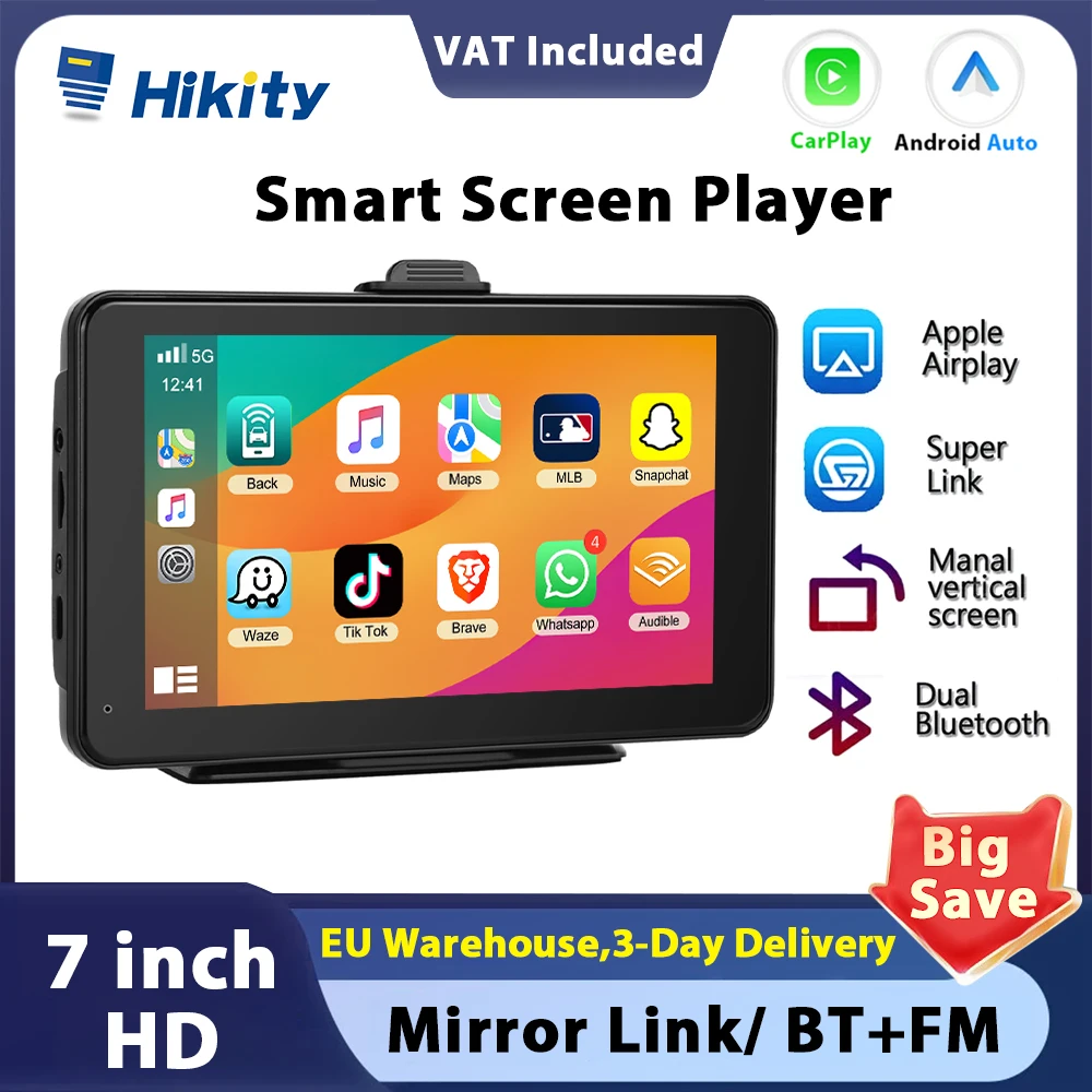 Hikity Universal 7” Screen Car Radio Multimedia Player WIFI Video Player Wireless Carplay Screen Android Auto Voice Control