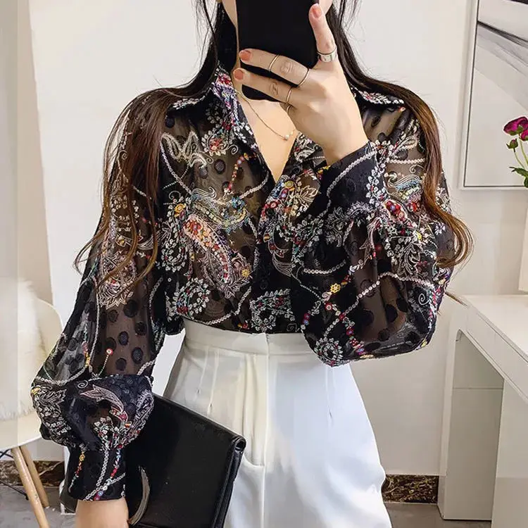 Fashion Floral Print Chiffon Shirt Women\'s Clothing 2023 Spring New Casual Loose Lantern Long Sleeve Lapel Button Blouses Female