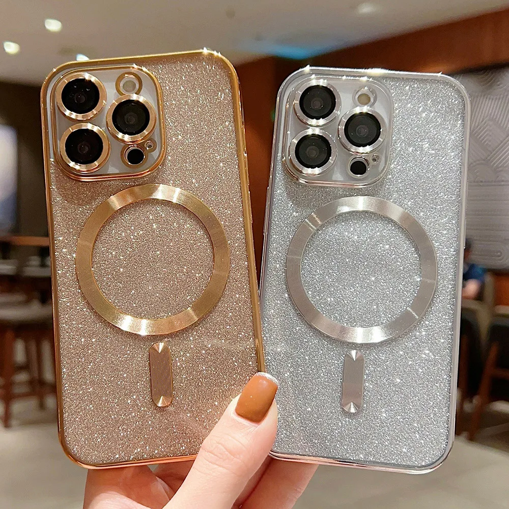 Coque de téléphone de luxe électro-plaquée pour chargement sans fil Magsafe, pour iPhone 18,17,16,15,14,13,12, Pro Max, coque arrière souple à paillettes