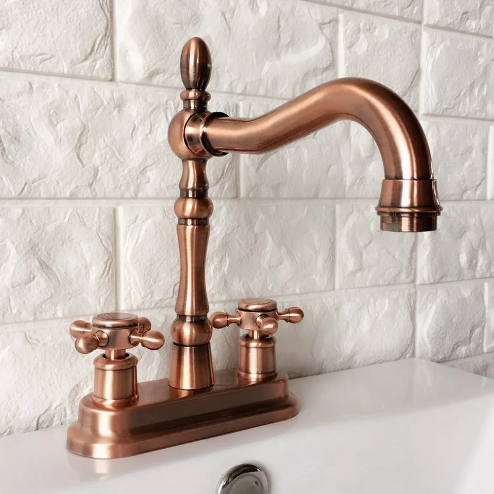 Antique Red Copper Basin Vanity Sink Faucet Double Handle Bathroom Mixer Deck Mounted 2 Holes Swivel Spout Faucet Nrg050