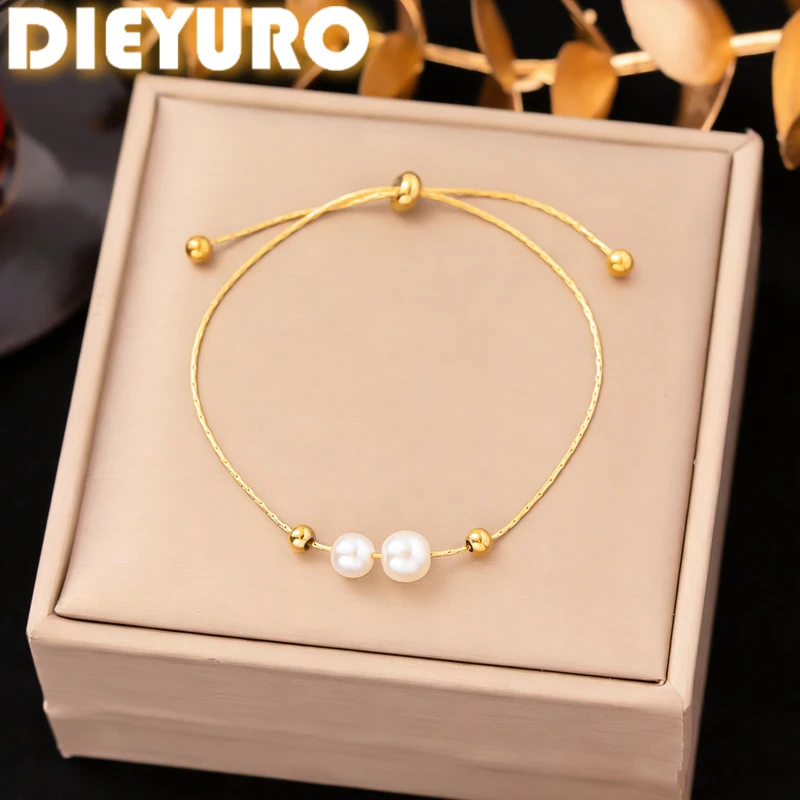 DIEYURO 316L Stainless Steel Golden Elegant Faux Pearl Accents Chic Pullable Bracelet Lady Classic Non-fading Hand Chain Jewelry