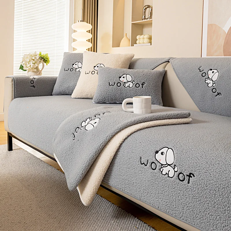Winter Lamb Velvet Sofa Cushion Nonslip Embroidered Cartoon Sofa Cover Thickening Couch Cover Solid Color Anti-Slip Sofa Mat