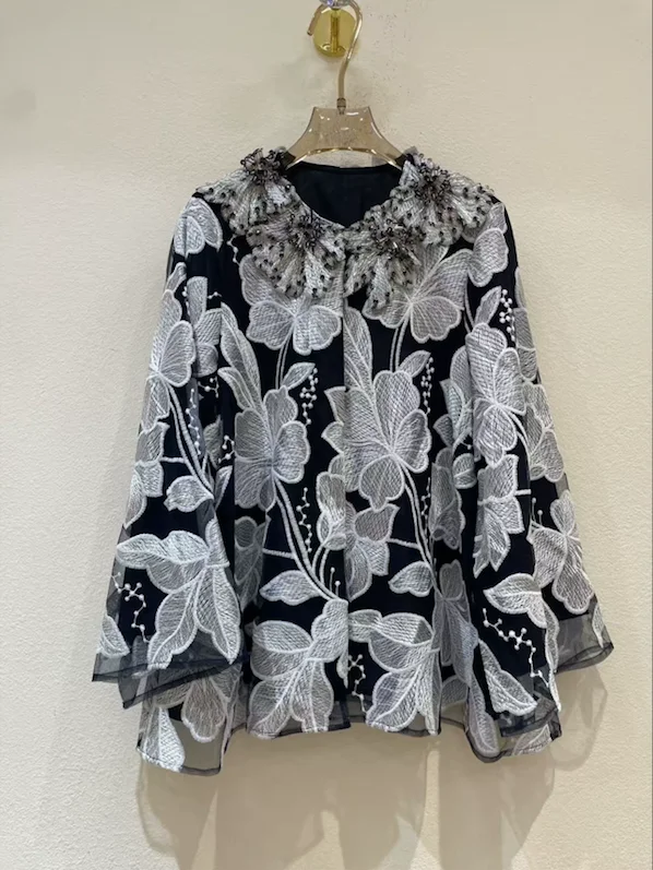 Luxury 100% Mulberry Silk Blouse Women Ivory White Heavy Lace Bow Collar Shirt Long Sleeve Elegant Office Top
