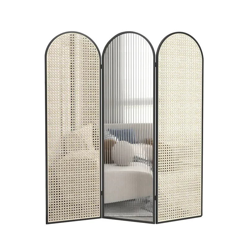 Light Luxury Folding Movable Wrought‑Iron Rattan Screen Modern Simple Glass Partition Decorative Divider for Living Room Entrywa