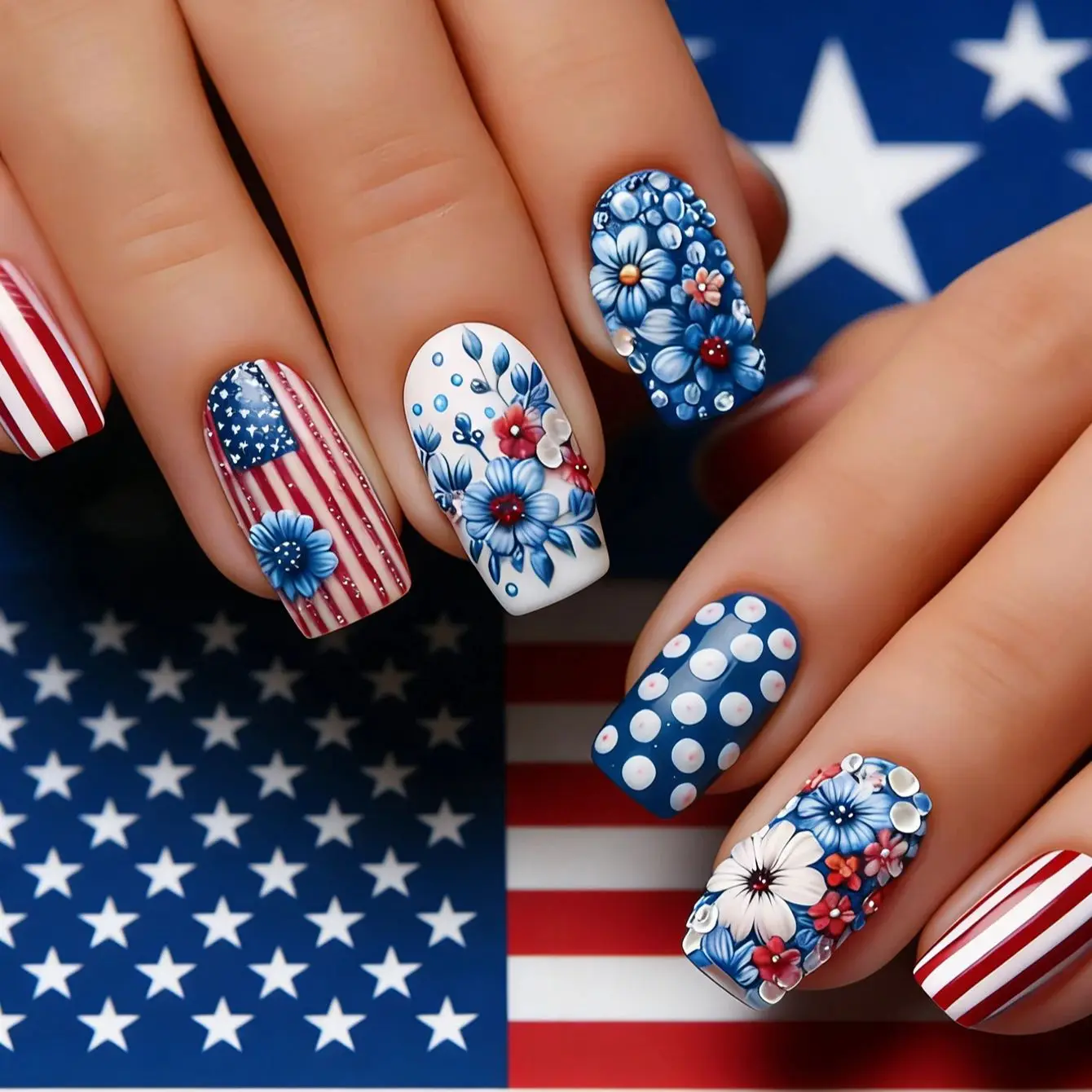 

24 шт. накладных ногтей в китайском стиле ко Дню независимости, с красно-белыми полосками в стиле флага, элегантным цветочным и горошковым дизайном, подходят для женщин, для свиданий и повседневного ношения, подарок на День матери, съемные накладные ногти