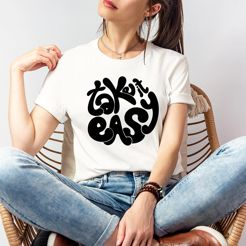 Take It Easy Women T Shirts Cotton Vintage Hippie Graphic Tee Harajuku  Boho Quote T-Shirt Womens Fashion Goth Clothes Y2k Tops