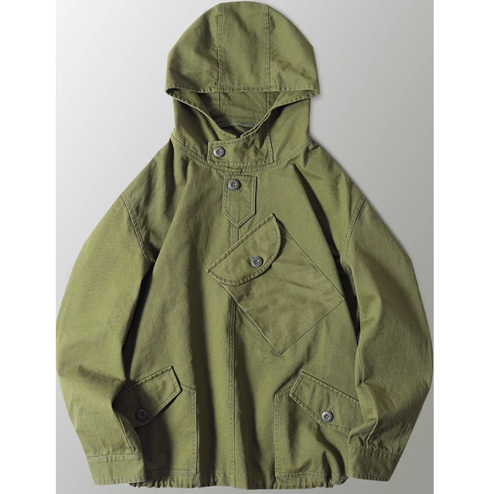 Men's Vintage Hooded Anorak Pullover Jacket, Utility Workwear with Asymmetric Pocket, Long Sleeve Spring Autumn Casual Coat